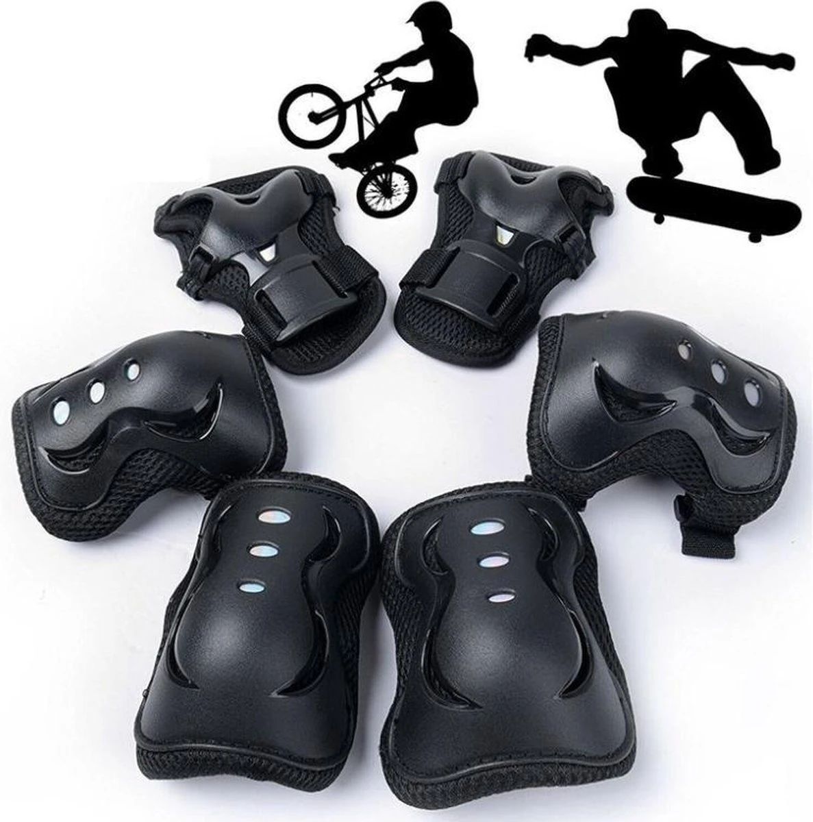 Universele Beschermingset Sport - 6 Delig - Skeeler/Skate Bescherming - 3 In 1 - Elleboog / Pols En Kniebeschermers - Val Bescherming Skateboard - Fiets, Step Pads 1 Universele Beschermingset Sport - 6 Delig - Skeeler/Skate Bescherming - 3 In 1 - Elleboog / Pols En Kniebeschermers - Val Bescherming Skateboard - Fiets, Step Pads