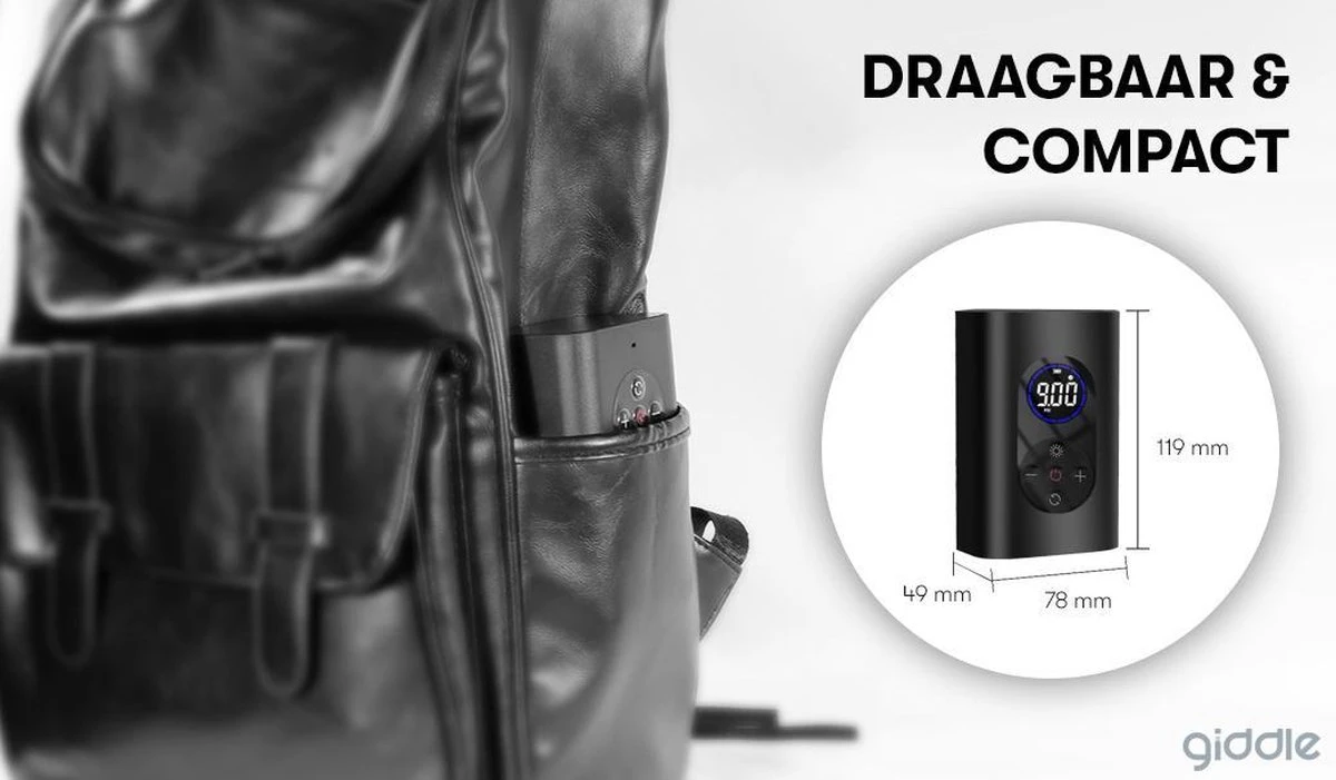 Giddle® - Draagbare Elektrische Fietspomp Met 4000mAh Powerbank - Alles-in-1 Luchtcompressor - Meest Compact - Draadloos 4 Giddle® - Draagbare Elektrische Fietspomp Met 4000mAh Powerbank - Alles-in-1 Luchtcompressor - Meest Compact - Draadloos - Afbeelding 4