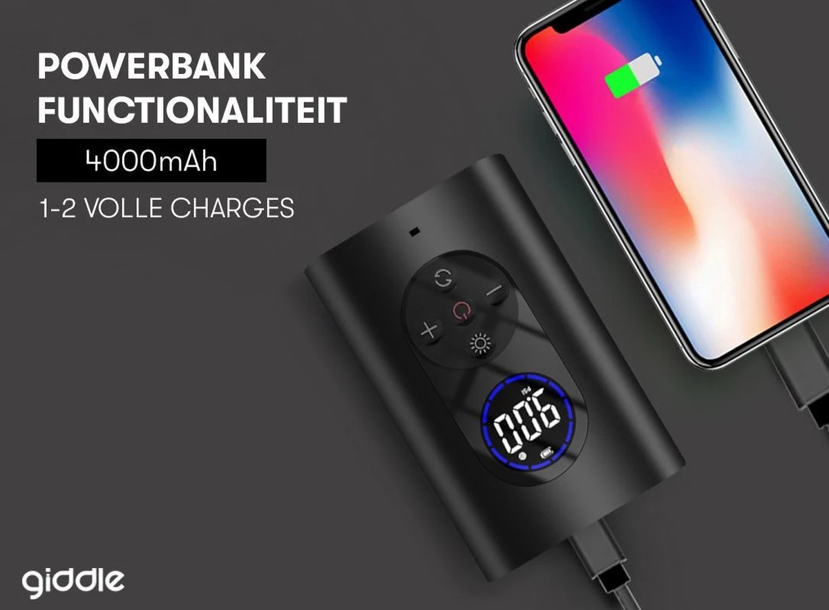 Giddle® - Draagbare Elektrische Fietspomp Met 4000mAh Powerbank - Alles-in-1 Luchtcompressor - Meest Compact - Draadloos 3 Giddle® - Draagbare Elektrische Fietspomp Met 4000mAh Powerbank - Alles-in-1 Luchtcompressor - Meest Compact - Draadloos - Afbeelding 3