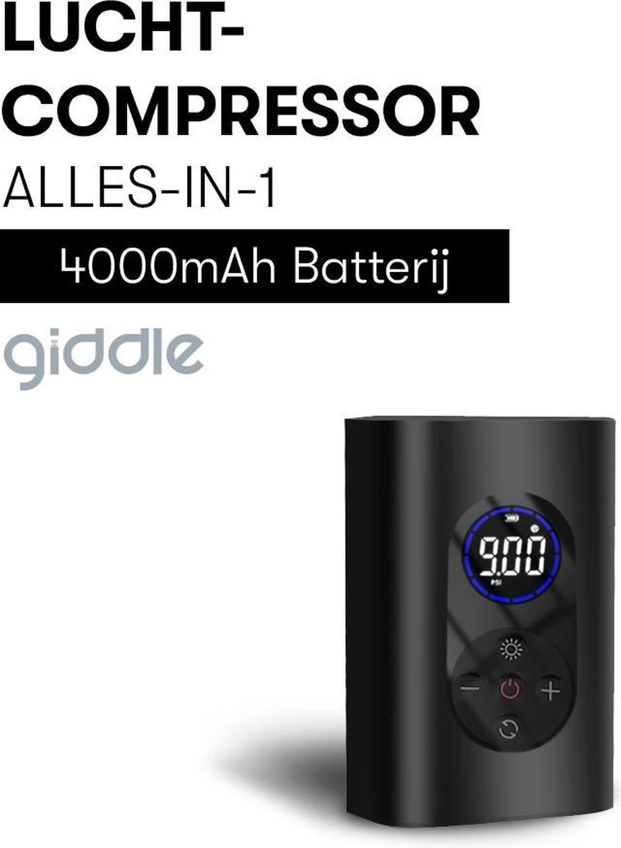 Giddle® - Draagbare Elektrische Fietspomp Met 4000mAh Powerbank - Alles-in-1 Luchtcompressor - Meest Compact - Draadloos 1 Giddle® - Draagbare Elektrische Fietspomp Met 4000mAh Powerbank - Alles-in-1 Luchtcompressor - Meest Compact - Draadloos